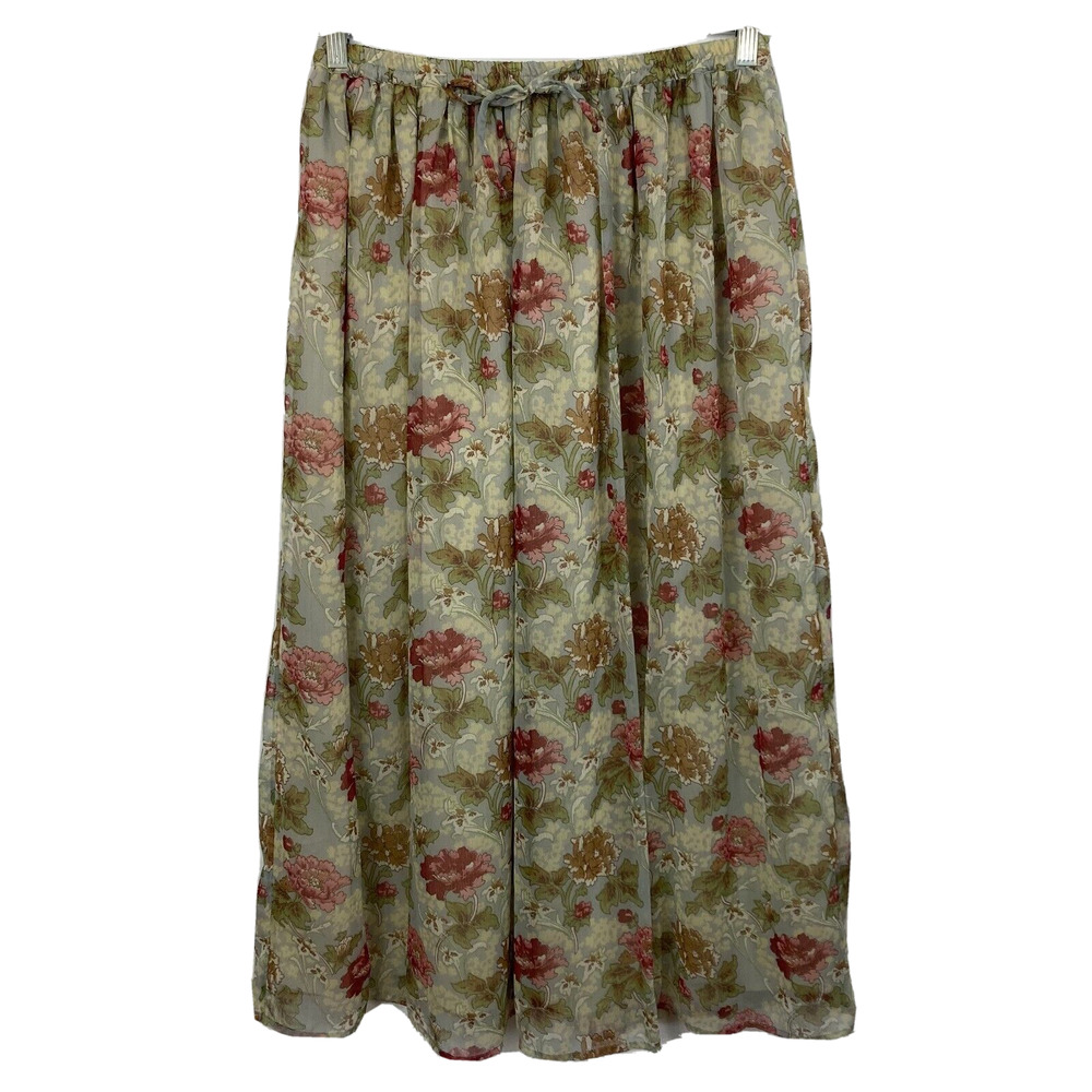 Denim & Co. Skirt Womens Sz M Beige‎ Pink Floral Chiffon Drawstring A-Line Maxi